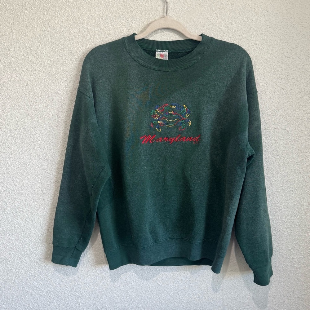 VTG 90s Maryland Crab Embroidered Distressed Destination Pullover Sweater Green